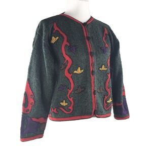 Roberta Frost Womens M Hand Knit 100% Cotton Green Long Sleeve Cardigan Sweater